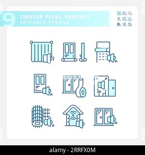 Editable 2D blue soundproofing icons collection Stock Vector
