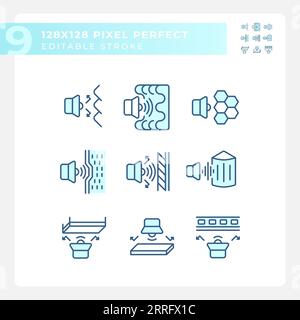 Set of editable pixel perfect blue soundproofing icons Stock Vector