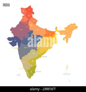India political map of administrative divisions - states and union teritorries. Colorful spectrum political map with labels and country name. Stock Vector