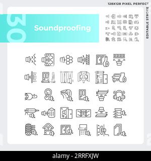 Editable pixel perfect black soundproofing icons collection Stock Vector