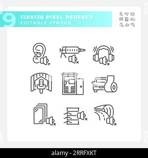Editable pixel perfect black soundproofing line icons Stock Vector