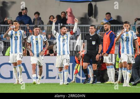 Buenos Aires, Argentina. 07th Sep, 2023. Lionel Messi celebrates after scoring goal with his teammates Cristian Romero, Rodrigo De Paul, German Pezzella anda Nahuel Molina of Argentina national team during the FIFA 2024 World Cup qualifying round match between Argentina and Ecuador played at Monumental Stadium on September 7 in Buenos Aires. (Photo by Santiago Joel Abdala/PRESSINPHOTO) Credit: PRESSINPHOTO SPORTS AGENCY/Alamy Live News Stock Photo