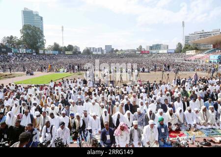 220502 -- ADDIS ABABA, May 2, 2022 -- People observe Eid al-Fitr at Addis Ababa Stadium in Addis Ababa, Ethiopia, May 2, 2022. TO GO WITH Ethiopian Muslims celebrate Eid al-Fitr amid religious tensions Str/Xinhua ETHIOPIA-ADDIS ABABA-EID AL-FITR-CELEBRATION Stringer PUBLICATIONxNOTxINxCHN Stock Photo