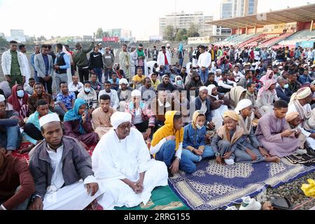 220502 -- ADDIS ABABA, May 2, 2022 -- People observe Eid al-Fitr at Addis Ababa Stadium in Addis Ababa, Ethiopia, May 2, 2022. TO GO WITH Ethiopian Muslims celebrate Eid al-Fitr amid religious tensions Str/Xinhua ETHIOPIA-ADDIS ABABA-EID AL-FITR-CELEBRATION Stringer PUBLICATIONxNOTxINxCHN Stock Photo