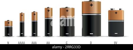 Realistic alkaline battery set icon in flat style. Diffrent size accumulator vector illustration on isolated background. Accumulator recharge sign bus Stock Vector