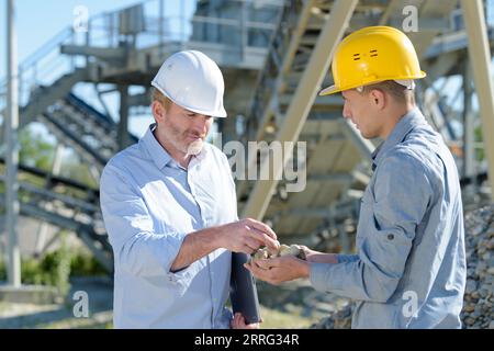 two builders on a site working Stock Photo