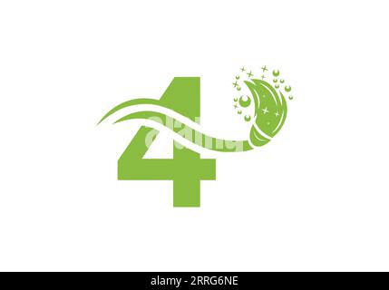 Letter 4 Cleaning Service Logo Design Concept With Clean Brush Symbol Template. Stock Vector