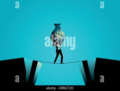 Business concept vector illustration of businessman crossing the abyss on tiny rope with big money bag. Financial risk concept Stock Vector