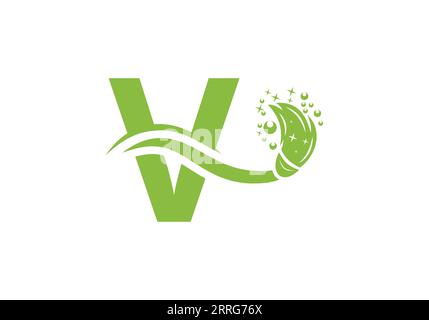 Letter V Cleaning Service Logo Design Concept With Clean Brush Symbol Template. Stock Vector