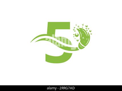 Letter 5 Cleaning Service Logo Design Concept With Clean Brush Symbol Template. Stock Vector