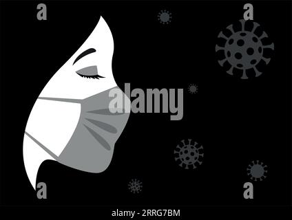 Simple flat vector illustration in black and white of a woman wearing mask, concept for coronavirus Stock Vector