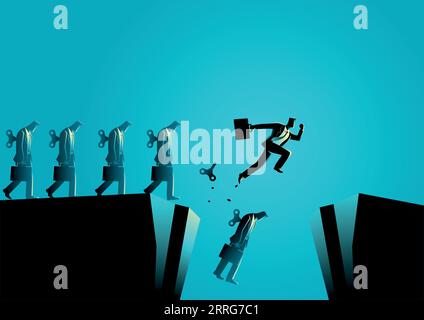 Business concept vector illustration of a businessman broke free from his winder to save his life from falling into ravine. Free will, freedom concept Stock Vector