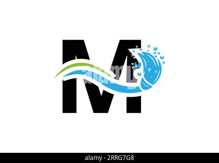 Letter M Cleaning Service Logo Design Concept With Clean Brush Symbol Template. Stock Vector
