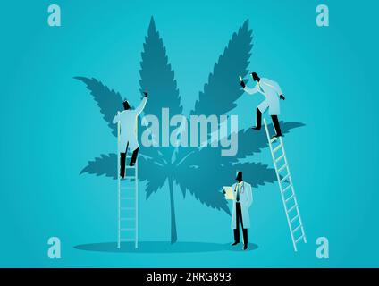 Vector graphic illustration of team of doctors or scientists checking hemp plants. Concept of cannabis as alternative medicine Stock Vector