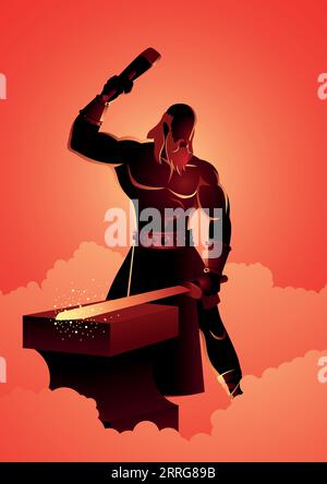 Greek god and goddess vector illustration series, Hephaestus, the god of fire, metalworking, stone masonry, forges and the art of sculpture. Stock Vector