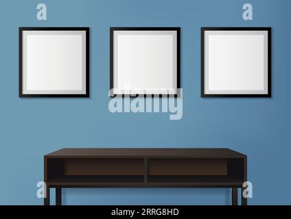Vector illustration of photo frames on blue wall with empty table as decoration Stock Vector