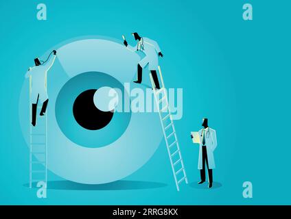 Vector graphic illustration of team of doctors diagnose human eye. Ophthalmologist Stock Vector