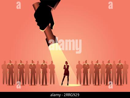 Silhouette illustration of a businesswoman being flash lighted among businessmen. Stand out from the crowd, promotion, candidate, chosen, career, busi Stock Vector
