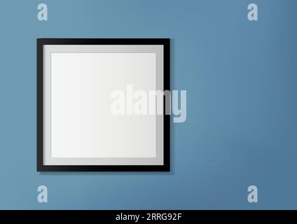 Vector illustration of photo frame on blue wall. Design template for poster or picture mockup Stock Vector