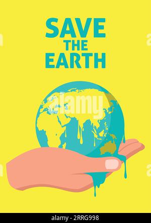 Simple flat vector illustration of hand holding melting earth, global warming, Earth Day, save the earth concept Stock Vector