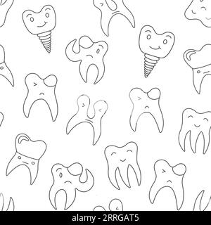 Oral hygiene concept. Seamless pattern with doodle cute happy teeth characters . Dental vector personages. Concept for child dentistry. Teeth cleaning Stock Vector