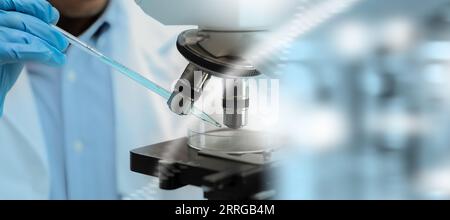 DNA science, professional healthcare, working medical science Doctor DNA molecule using tablet and checking with innovative and technology. Stock Photo