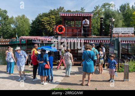 Boat trip on the River Thames from Runnymede on the Lucy Fisher, a replica Victorian paddle steamer, Surrey, England, UK Stock Photo