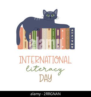 A cute cat lying on books with different patterns standing in a row. International literacy day greeting card for book lovers. Flat cartoon vector ill Stock Vector