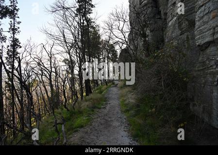 The 'Pilot Knob Trail' around the pinnacle at Pilot Mountain State Park in North Carolina. Stock Photo