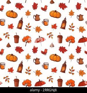 Seamless pattern orange autumn. Hello, Fall. Pumpkins, leaves, nuts, birds, cup, teapot, red umbrella. Vector on white. Bright background Autumn card Print for textiles clothing stationery Stock Vector
