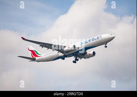 26.07.2023, Singapore, Republic of Singapore, Asia - SriLankan Airlines Airbus A330-300 passenger jet with registration 4R-ALM lands at Changi Airport. Stock Photo