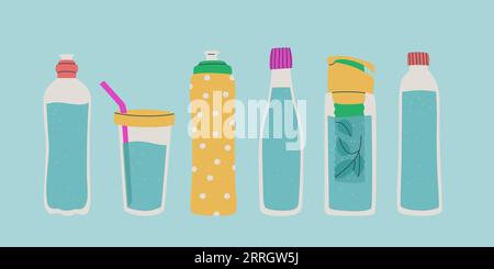 Set of different water bottles. Reusable glass container. Various bottle caps including a sports cap. Vector isolated illustration for design. Stock Vector
