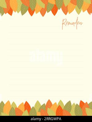 Reminder template with autumn leaves, for to-do list for planner notes. Vector illustration Stock Vector
