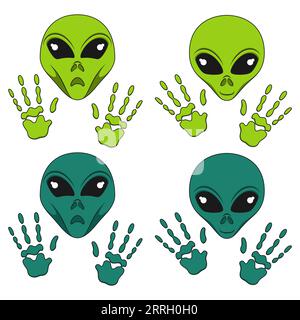 Set of color illustration with alien face and hands. Isolated vector object on white background. Stock Vector