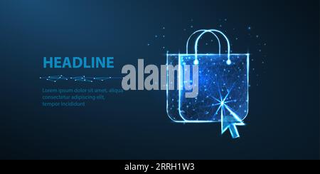 Online shoping concept. Digital bag and pointer on blue. Online shop, digital commerce Stock Vector