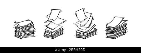 Set of stack of paper pages line art. Blank sheets. Hand drawn doodle vector illustration. Doodle paper heap. Contract document pile Stock Vector