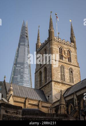 London, UK: Southwark Cathedral and the Shard Skyscraper in the Borough of Southwark, Greater London. Stock Photo