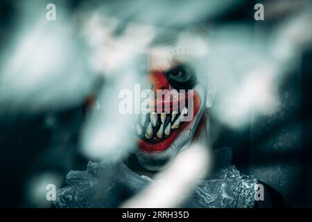 a mad evil redhead clown stares at the observer with a creepy smile through the branches of a tree leaning on the rustic walls of an old house at nigh Stock Photo