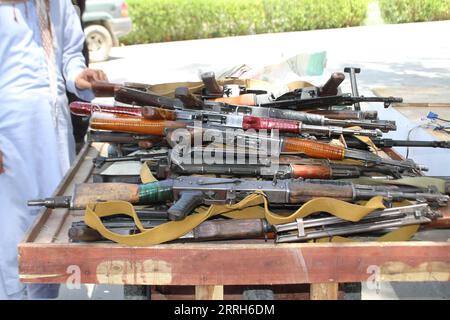 220616 -- NANGARHAR, June 16, 2022 -- Photo taken on June 14, 2022 shows assault rifles seized by Afghan security forces in Nangarhar province, Afghanistan. Afghan security forces have seized 48 assault rifles including AK-47 in the eastern Nangarhar province, the state-run Bakhtar news agency reported on Thursday. In the operation, security personnel also discovered a large quantity of other weapons and ammunition including anti-personnel and anti-tank mines, the report said. Photo by /Xinhua AFGHANISTAN-NANGARHAR-WEAPONS-SEIZURE Hamidullah PUBLICATIONxNOTxINxCHN 220616 -- NANGARHAR, June 16, Stock Photo