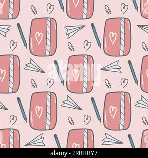 Romantic seamless pattern with notepads and hearts. Cute background for Valentines day. Pink print for design, vector illustration Stock Vector