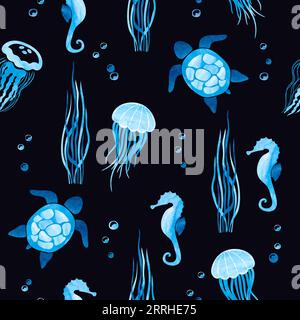 Seamless vector sea pattern with watercolor animals. Underwater life. Stock Vector