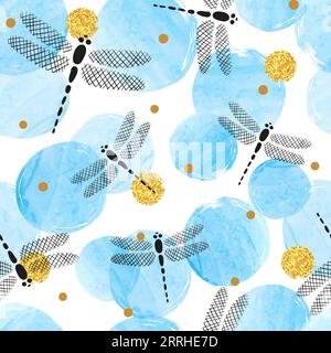 Abstract blue circles pattern with dragonflies. Stock Vector