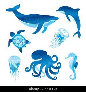 Watercolor sea animals set. Vector marine illustration of whale, dolphin, octopus, turtle, jellyfish. Stock Vector
