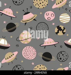Seamless space pattern for kids. Vector background with cartoon planets and UFO. Stock Vector
