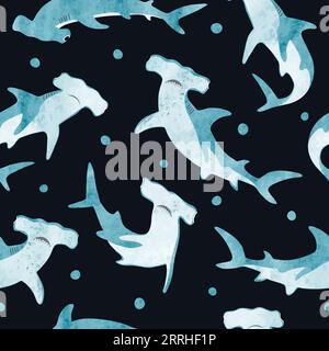 Seamless watercolor hammerhead shark pattern. Stock Vector