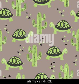 Seamless pattern with cute tortoise and cactus. Stock Vector