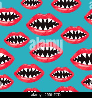 Seamless red lips pattern with shark teeth. Stock Vector