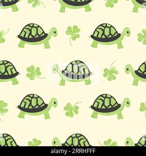 Seamless pattern with cute tortoises and clovers. Stock Vector