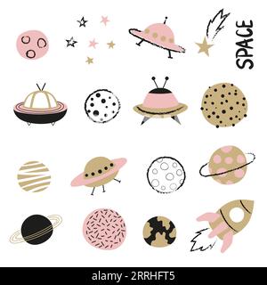 Vector cartoon space set. Rocket, UFO spaceships and planets. Stock Vector