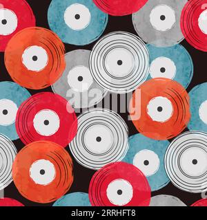 Seamless watercolor vinyl records pattern, Abstract retro musical background. Stock Vector